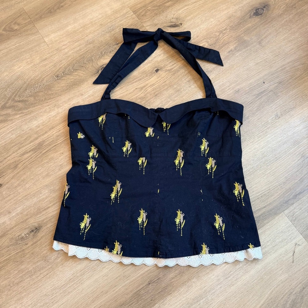 Floreat Anthropologie Black Wheat Embroidered Halter Top Lace Trim Size 14